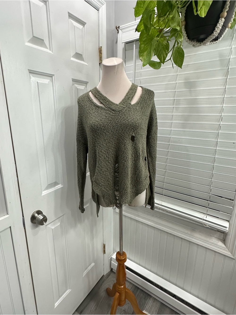 Fate Olive Distressed V-Neck Sweater